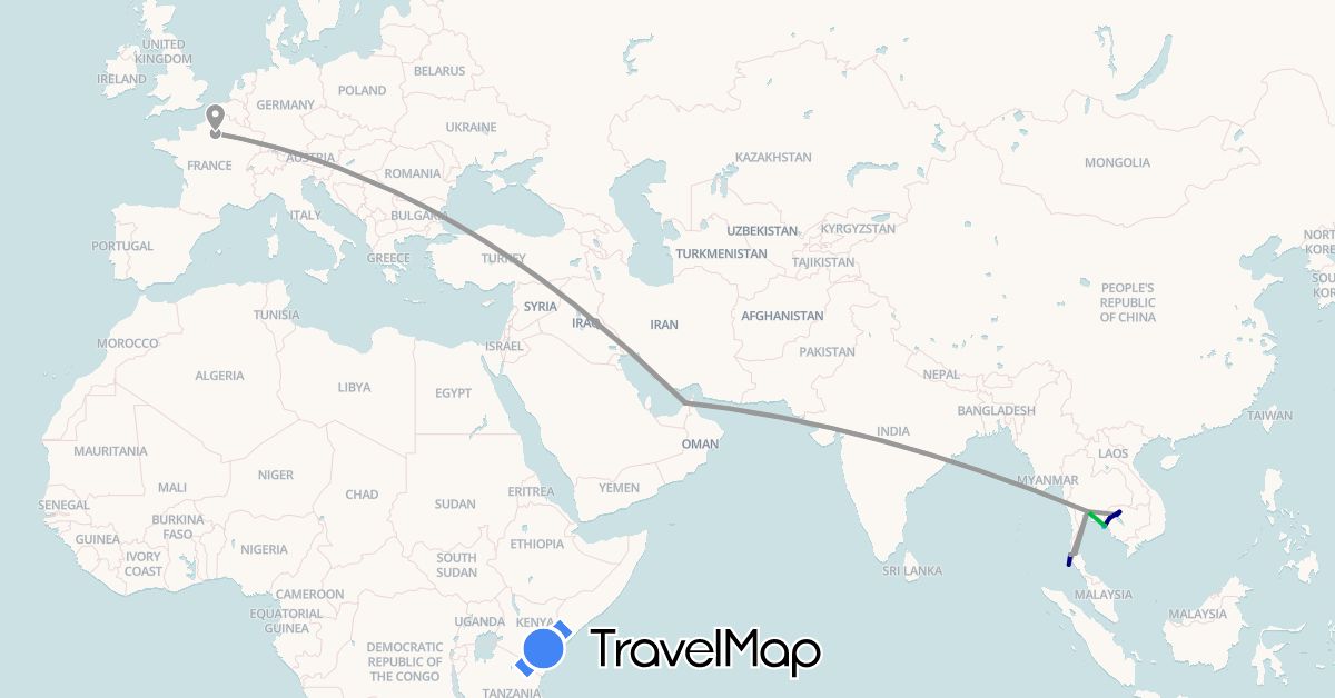 TravelMap itinerary: driving, bus, plane, boat in United Arab Emirates, France, Cambodia, Thailand (Asia, Europe)
